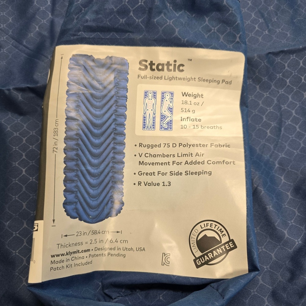 Klymit Static V Lightweight Sleeping Pad Blue 75D Polyester Camping Backpacking